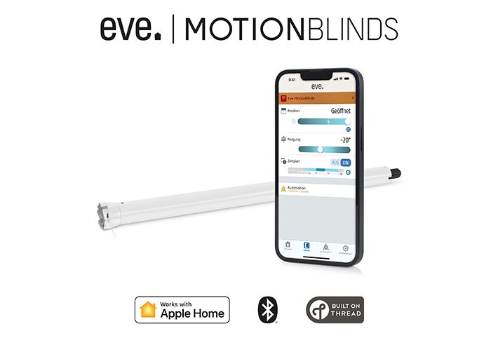 Die Eve MotionBlinds App wird gezeigt auf einem iPhone.Kompatibel mit AppleHome, Bluetooth und Built on Thread.