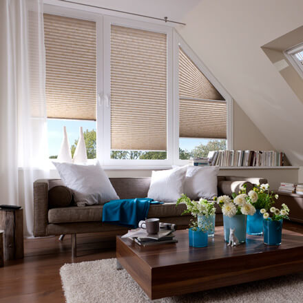 Beige Dekor Plissees zur Verdunkelung im Wohnzimmer