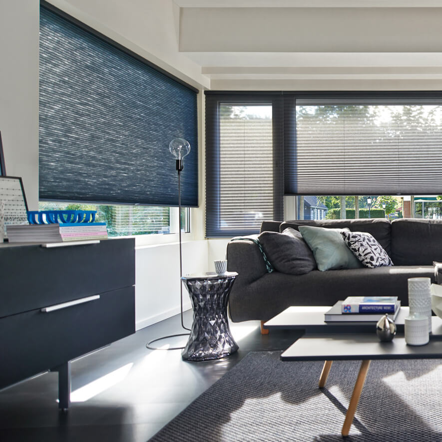Plissees freihängend mit Schnurzug im Wohnzimmer in Blau Plissees freihängend mit Schnurzug im Wohnzimmer in Blau