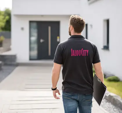 JalouCity Außendienst-Mitarbeiter auf dem Weg zum Kunden