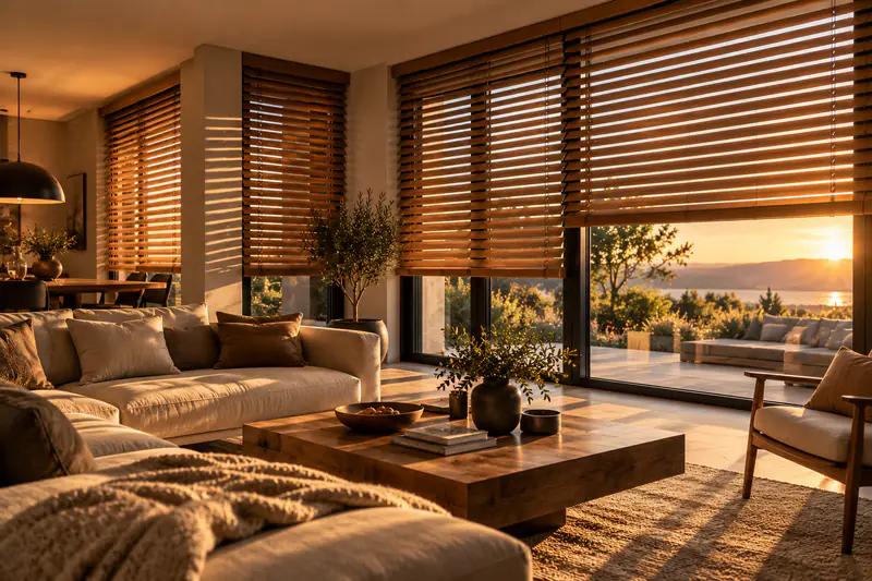 Wohnzimmer mit Holzjalousien im warmen Licht der Abendsonne