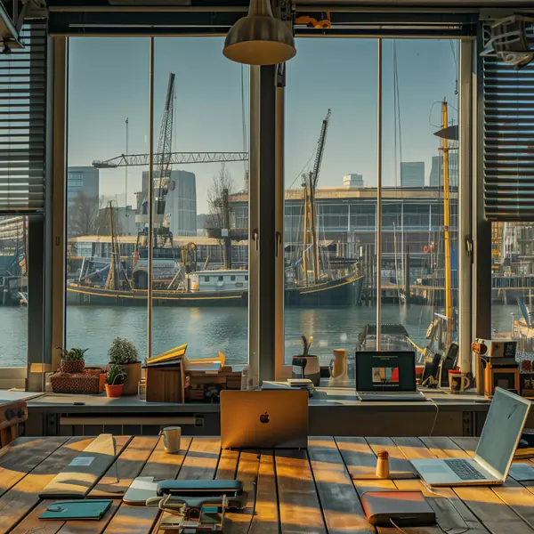 Büro mit Jalousien und Blick auf den Hafen