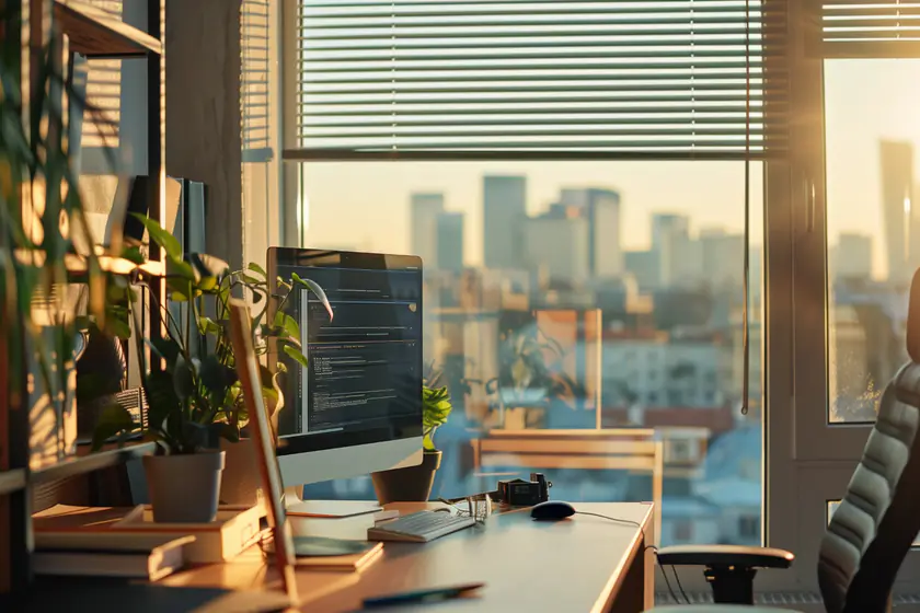 Homeoffice mit halb hochgezogener Jalousie und Blick über die Stadt