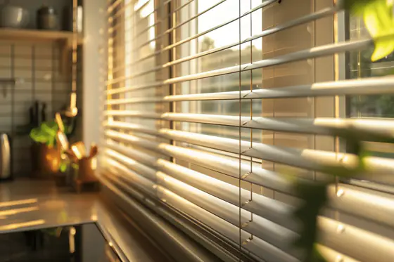 Weiße Aluminium-Lamellen in Nahaufnahme, durch die warmes Sonnenlicht fällt