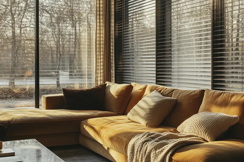 Wohnzimmer mit goldenem Sofa im warmen Licht hinter dunklen Jalousien