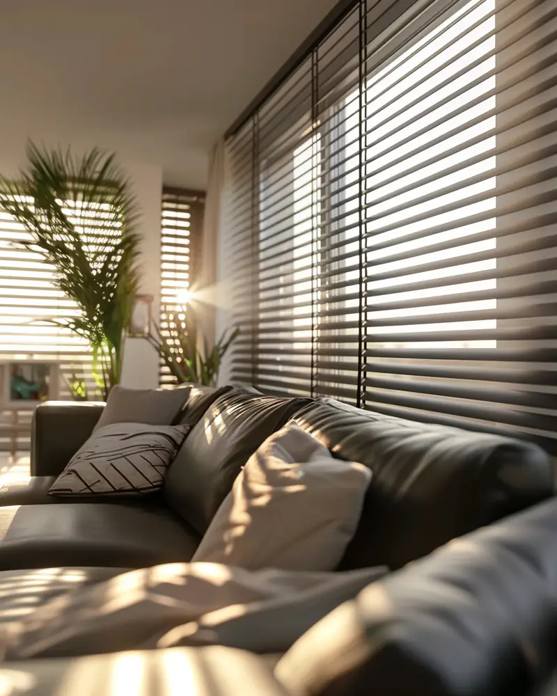 Ledersofa im Abendlicht, die Sonne fällt durch dunkle Jalousien