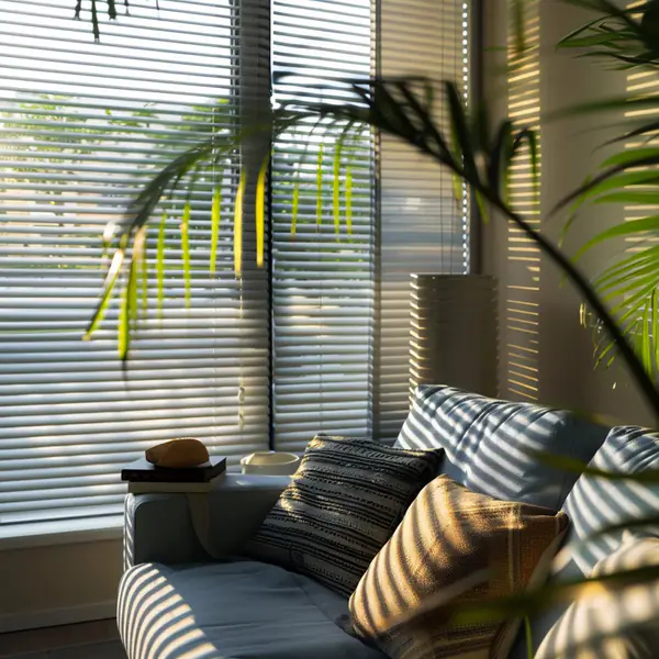 Sofa mit Kissen vor weißen Jalousien, Sonnenlicht wirft Streifen