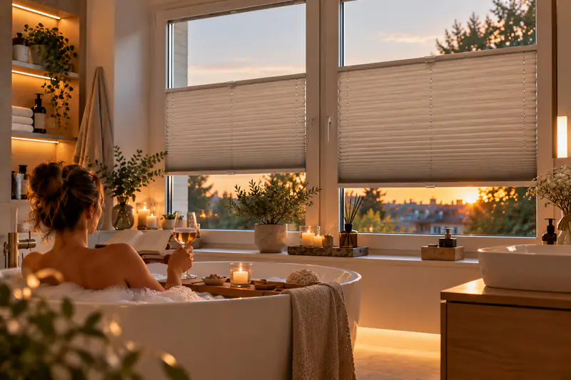 Badezimmer am Abend mit hellen Plissees vor dem Sonnenuntergang