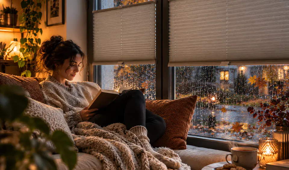 Frau liest an einem Regentag auf dem Sofa, die Plissees sind von oben und unten verschoben