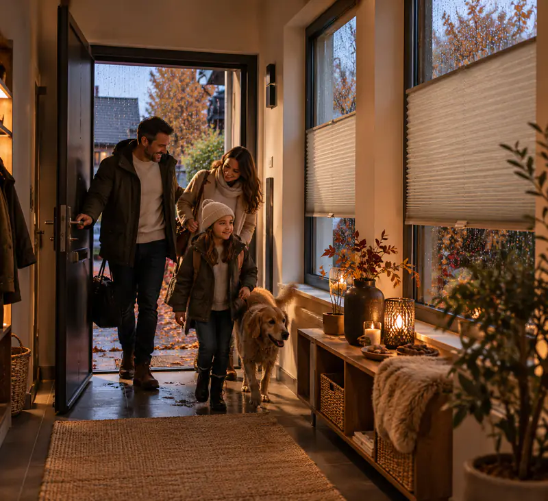 Familie kommt an einem regnerischen Herbstabend nach Hause, am Flurfenster hängen helle Plissees
