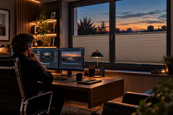 Homeoffice am Abend: Das Plissee ist unten geschlossen, oben bleibt der Blick in den Himmel frei