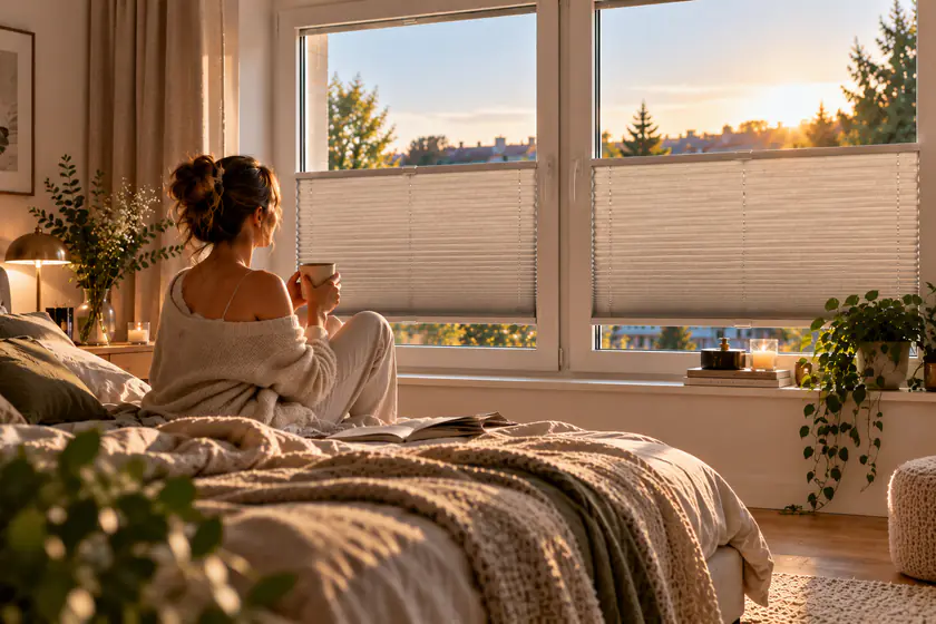 Frau mit Kaffeetasse im Schlafzimmer, die Plissees bedecken nur den unteren Teil der Fenster