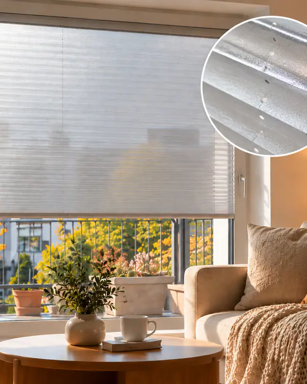 Thermo-Plissee mit Hitzeschutz-Stoff am selben Fenster, im Kreis die reflektierende Rückseite