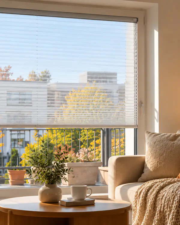 Plissee aus transparentem Stoff am Wohnzimmerfenster