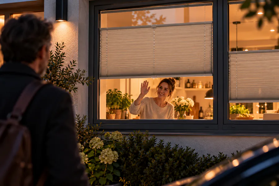 Frau winkt aus dem Küchenfenster, das verspannte Plissee ist bis zur Mitte heruntergezogen