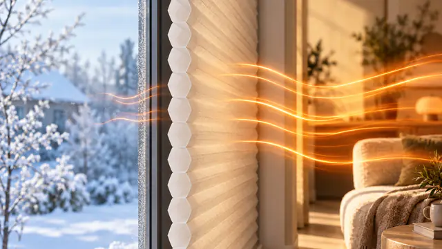 Winter: Wabenplissee am Fenster, die Wärme aus dem Wohnraum wird an den Waben gebremst, nach draußen gelangt nur wenig