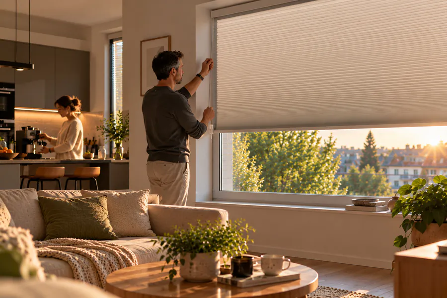 Ein Mann bedient ein freihängendes Wabenplissee am großen Wohnzimmerfenster mit dem Schnurzug