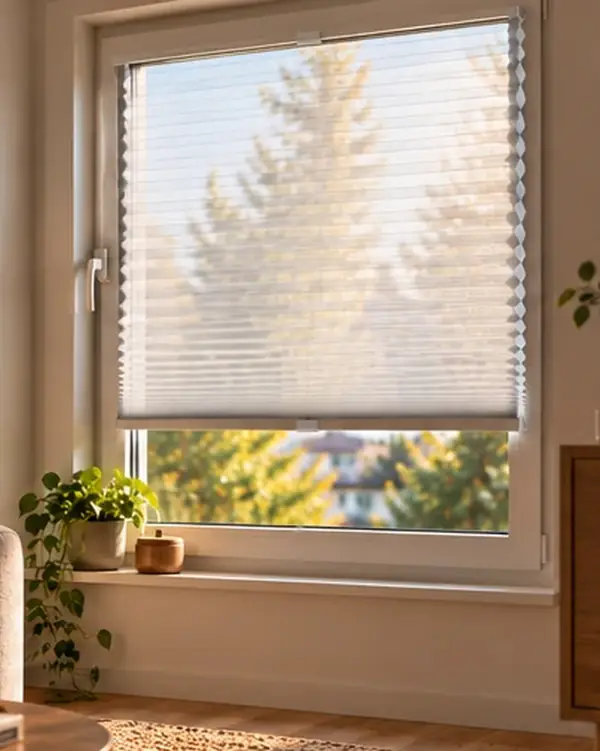 Wabenplissee aus transparentem Stoff am Wohnzimmerfenster