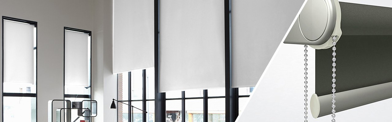 JalouCity Rollo in Grau im Wohnzimmer plus Detailaufnahme